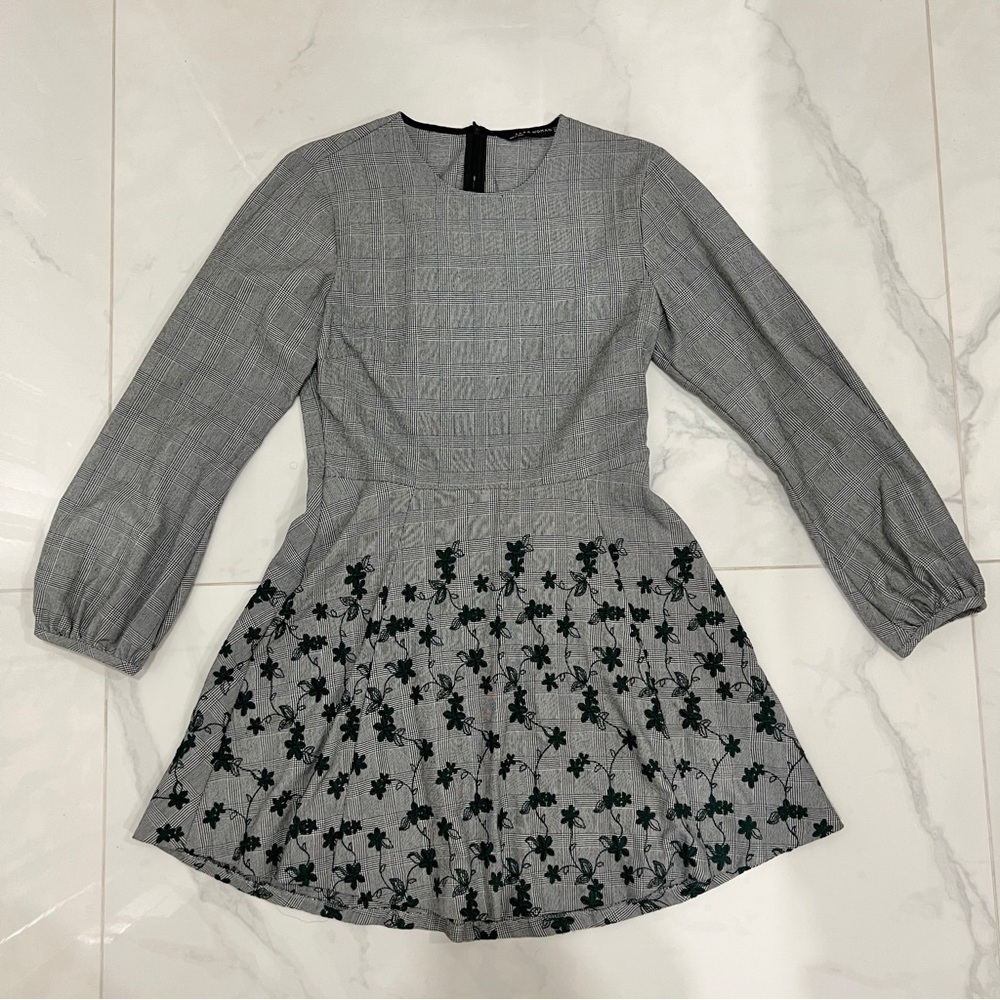 ZARA Plaid Mini Dress, Royal Green Flower Embroidered & Back Zipper Long…